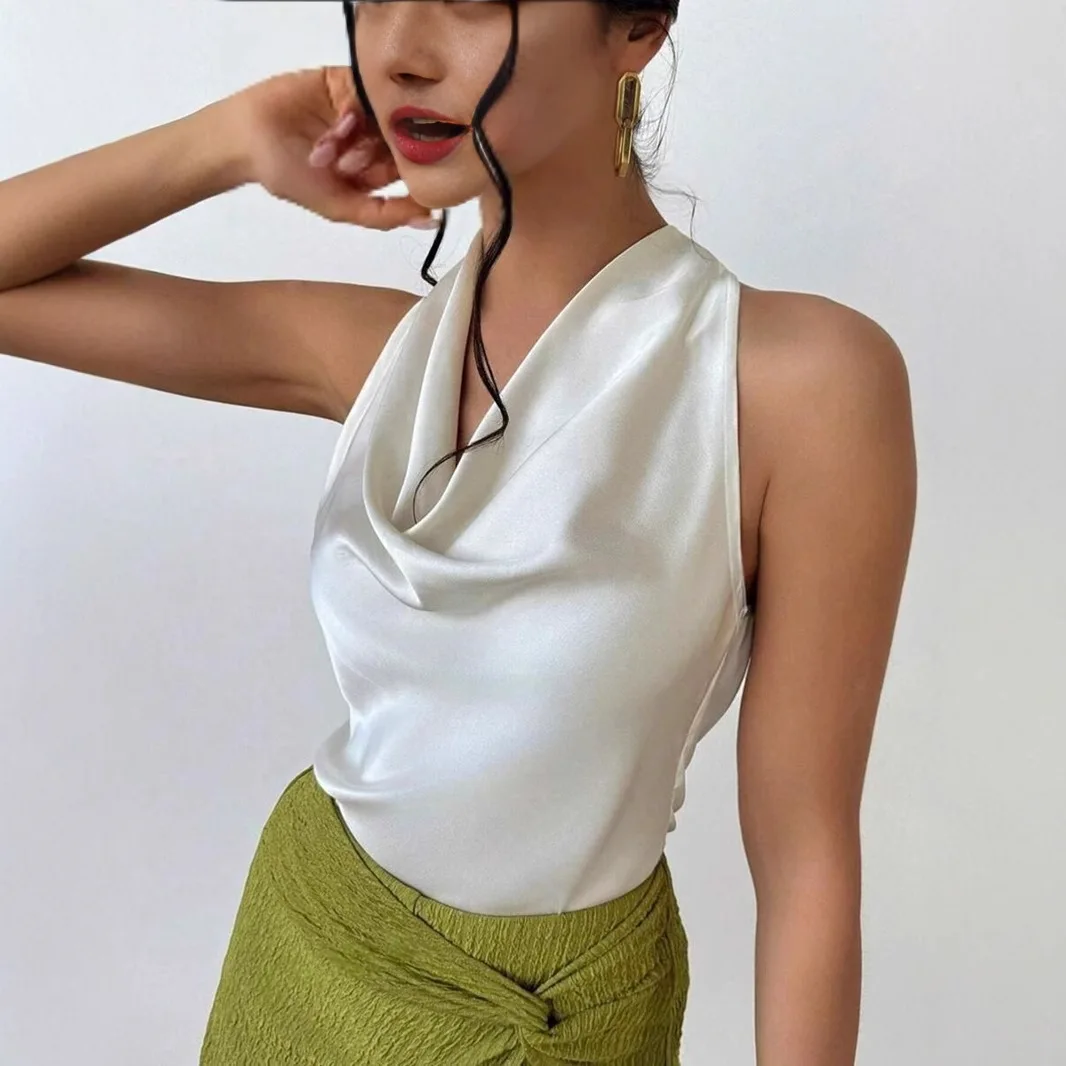 섹시한 민소매 새틴 셔츠 2025 봄 여름 유럽 및 미국 직장 여성 셔츠