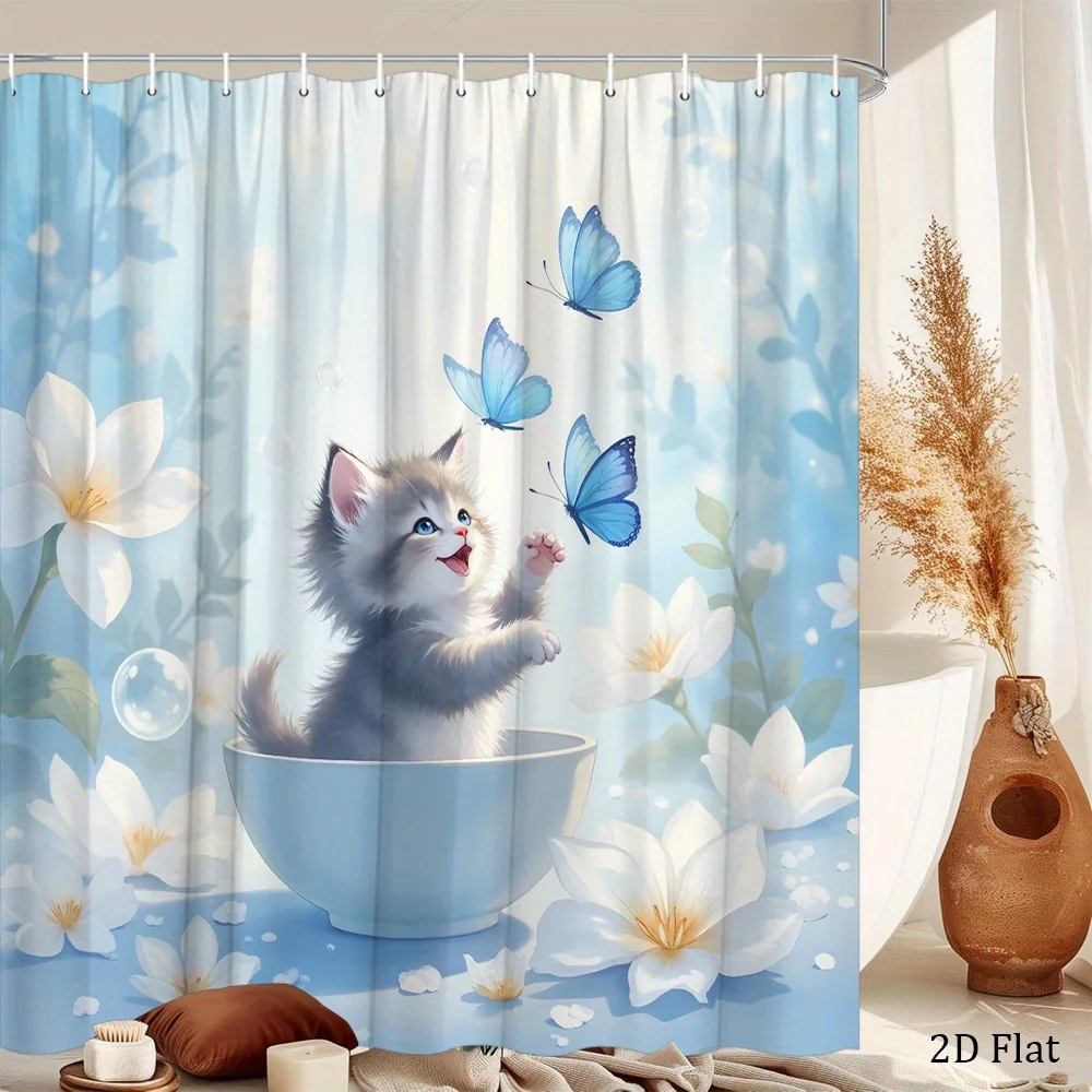 かわいい子猫シャワーカーテン防水生地浴室カーテンブルーバタフライフラワーバススクリーンディバイダー家の装飾フック付き