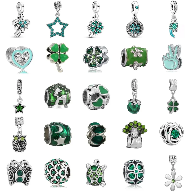 925 Silver Plated Green Series Diamonds Multiple Pendants Charm Beads Fit Orinigal Pandora Bracelet Keychain Women DIY Jewelry