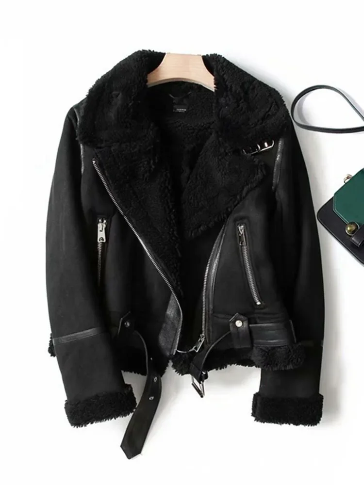 ZADORIN 2026 Winter Women Suede Faux Lamb Fur Coat, Y2K Moto Jacket, Thick Warm Stylish Fur Outerwear for Ladies
