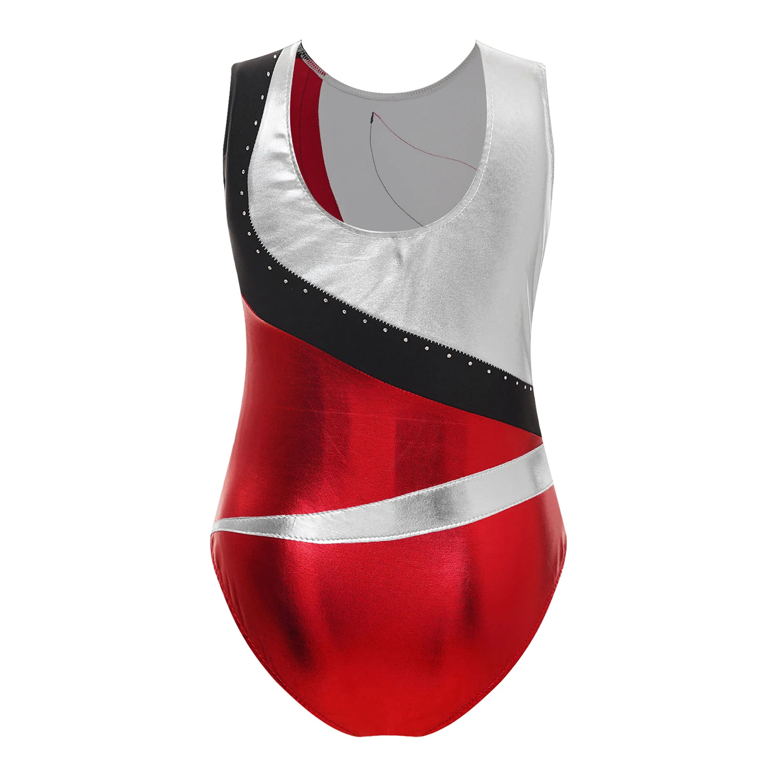 Children Girl Ballet Dance Gymnastics Leotard Sleeveless Shiny Rhinestone Bronzing Cloth Bodysuit for Figure Skating Performance