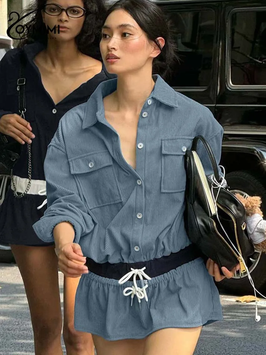 

Oymimi Casual Blue Patchwork Dresses For Woman Summer Lapel Long Sleeve Pockets Button Dresses Fashion Drawstring Mini Dress