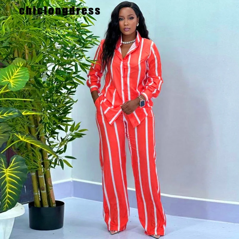 Summer Fashion Stripe Two Piece Set African Women Casual Button Long Sleeved Shirt Wide Leg Pants Two Piece Set Women