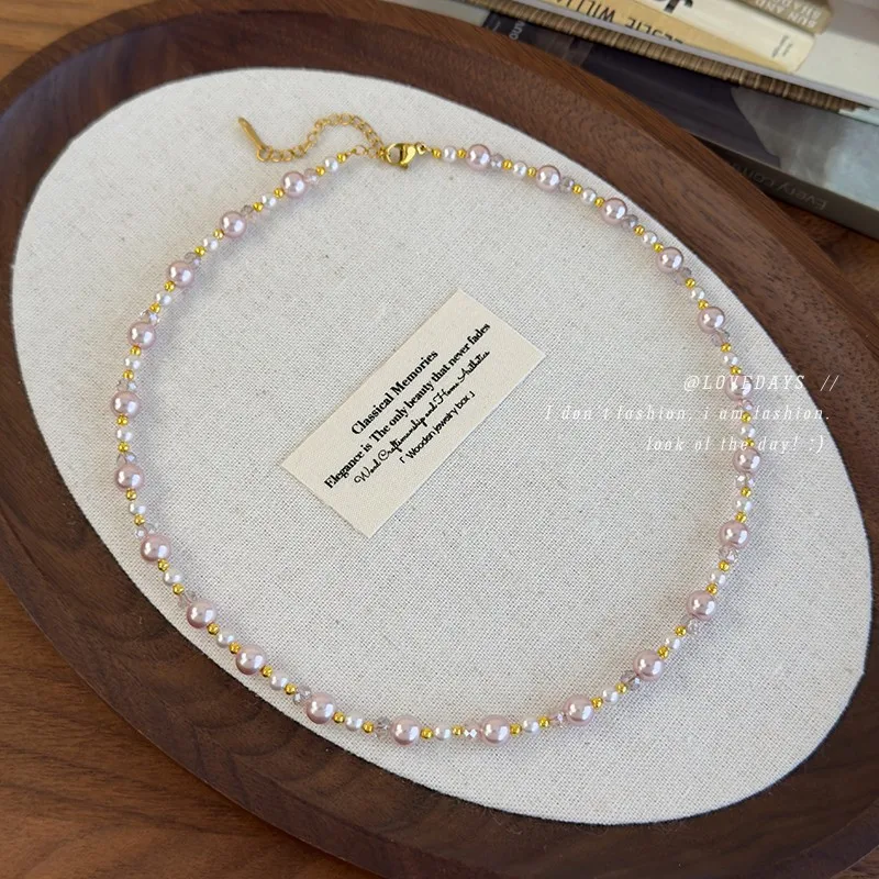 Premium Pink Faux Pearl Crystal Beaded Necklace with Gold Beads for Women Girls Daily Elegant Photo Shoot Prop Versatile Sweet