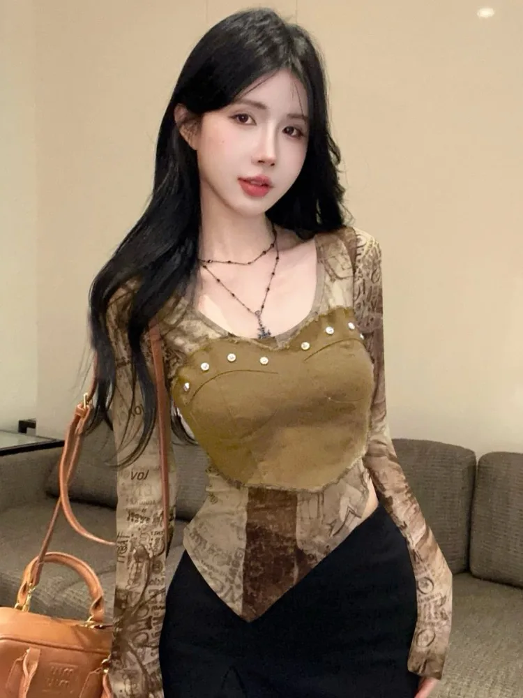 Spicy Girl Dyed Small Audience Design Mesh T-Shirt Women's Autumn New Style Irregular Hem Slim U-neck Top Korean Style Commut...