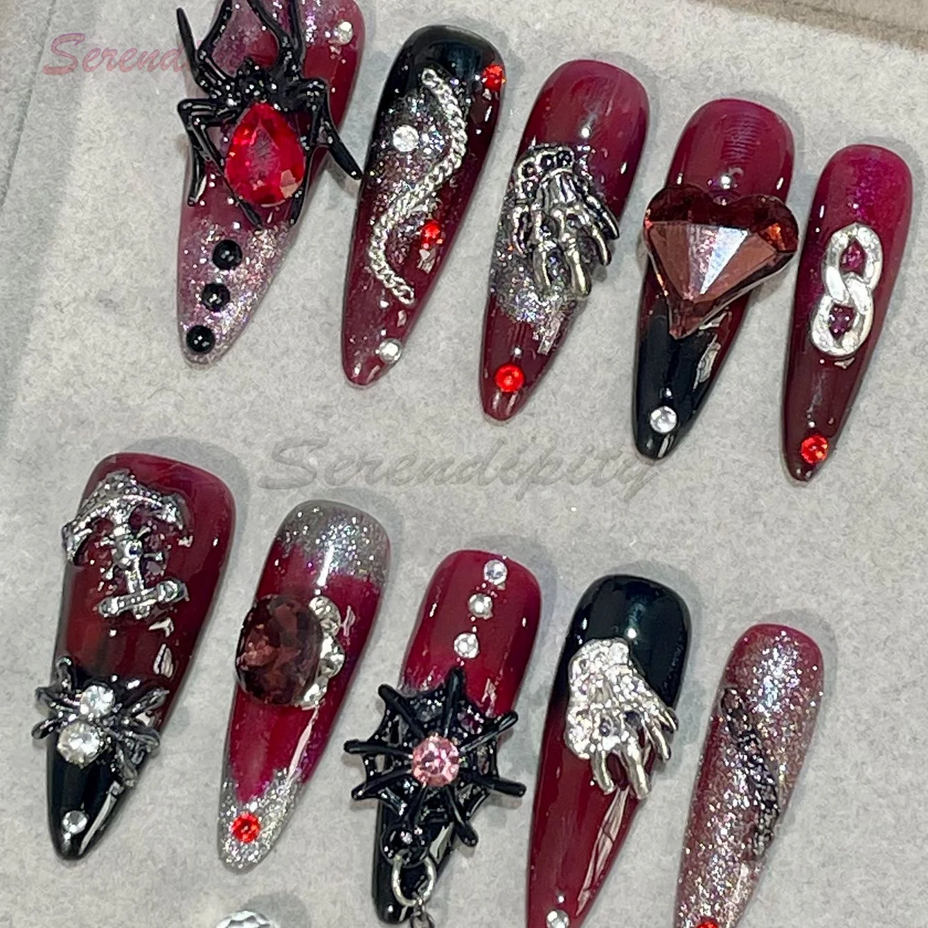 

Handmade 3D Art Nail Press On Nails Halloween Theme Spider Flash Glitter Rhinestone Almond Shape Dark Style Detachable Fake Nail