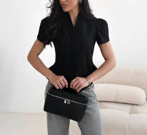 

Summer New Design Ladies' Irregular Short Sleeved Shirt Top with Button Detail, Waist Cincher Slim - Fitting