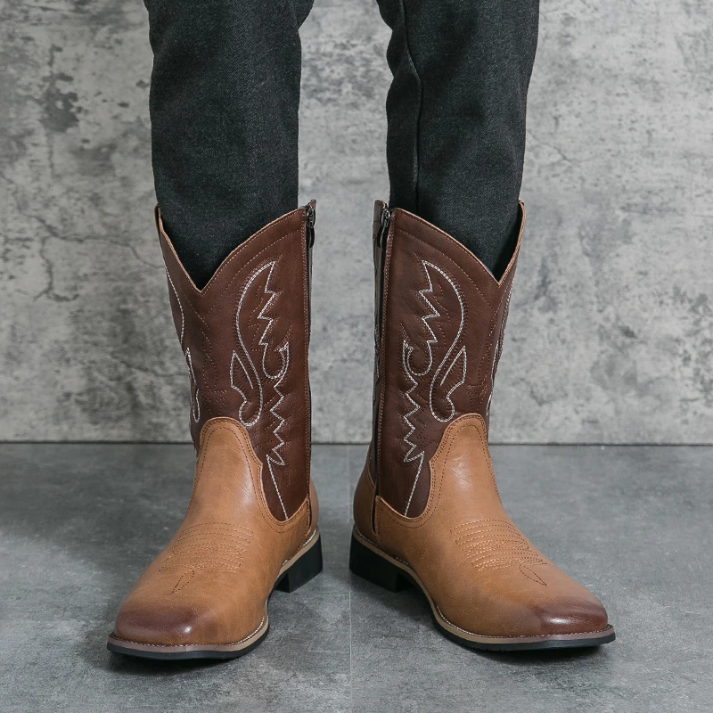 

Men Hand Embroidered Knight Boots with Low Heel and Square Toe Comfortable Fashionable Ethnic Style Men Boots