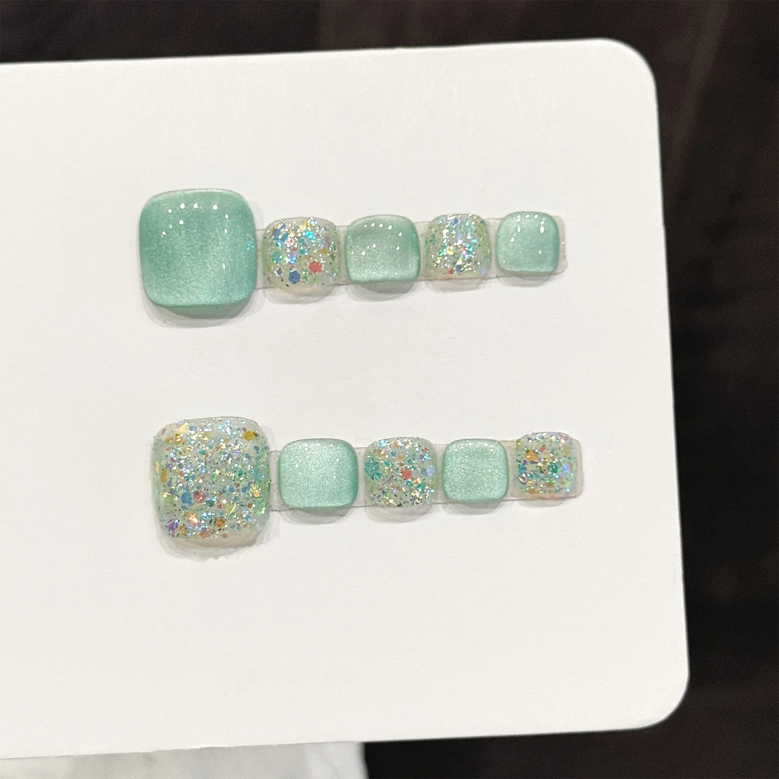 10pcs Lime Gradient Handmade Press On Toenails Flash Colorful Sequins Rhinestone Designs False Toenail Summer Charm Fake Toenail