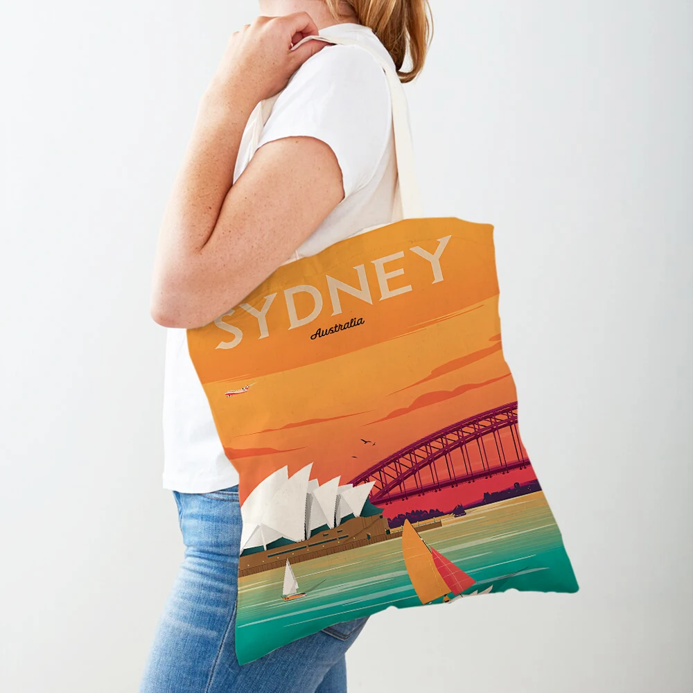 Cartoon City Travel Landscape Shopper Bags Tote Lady Handbag Both Sides New York London Madrid Casual Canvas Women Shopping Bag