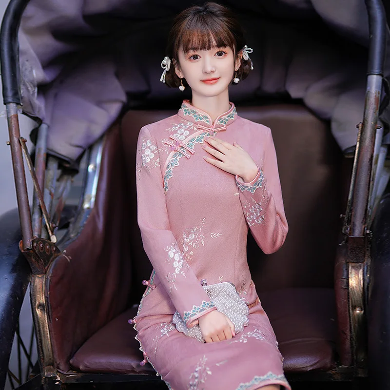 3 Colors Chinese Traditional Dress Suede Embroidery Plus Velvet Thick Spring Mid -length Qipao Banquet Elegant Cheongsams Modern