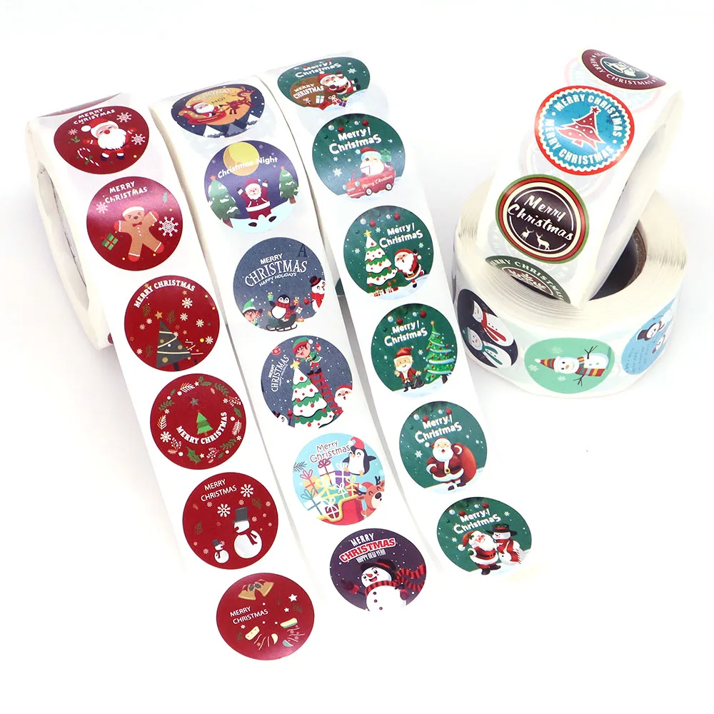 500Pcs/Roll Happy Christmas Elks Snowmans Stickers 2.5cm/1.0in DlY Merry Christmas Decoration Label Perfect For Adorning Gifts