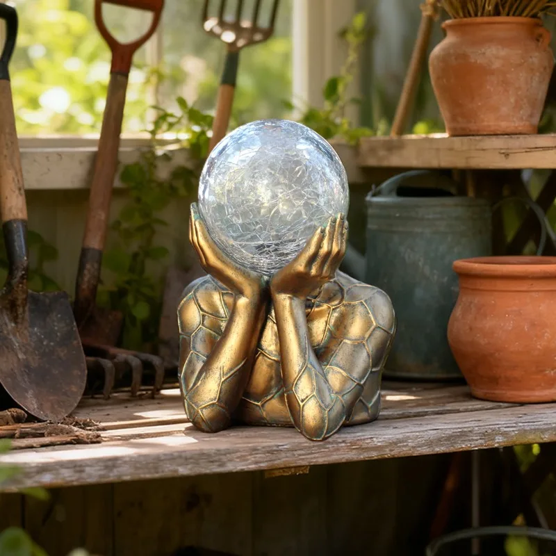 Creative Resin Human Face Hand Tray Ball Solar Ornament Outdoor Courtyard Balcony Solar Miniature Statue Craft Garden Decoration