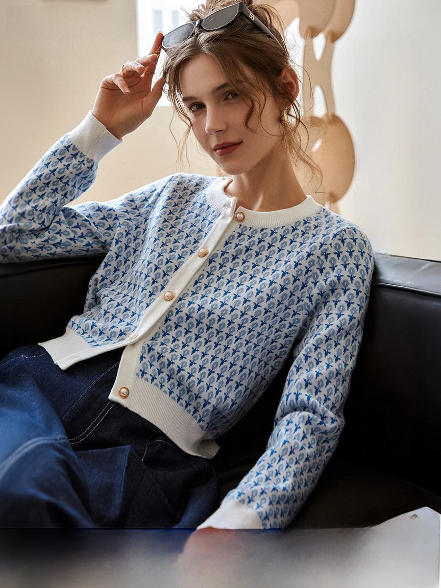 

Blue Knitted Sweater Women's Loose Elastic Open Cardigan Coat Autumn New Sle 2025 OLrain Casual Sle Long Sve Plant Flo...