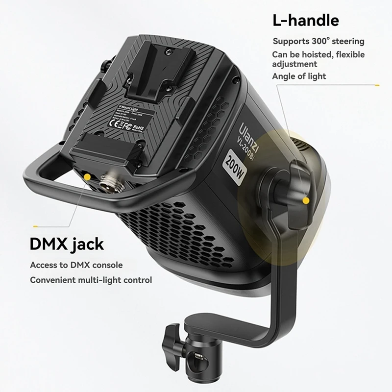 Ulanzi VL-200Bi 200W V-Mount Video Light Wireless Control, CRI 95+ Adjustable 2700K-6500K CCT For Livestreaming