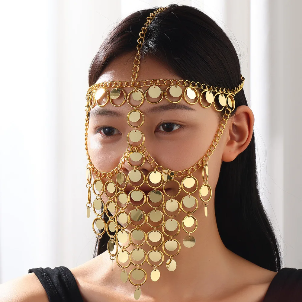 Kurdish Jewelry Fashion Golded Metal Coin Tassel Face Chain Head Jewelries For Women Dance Party Mask Accessories