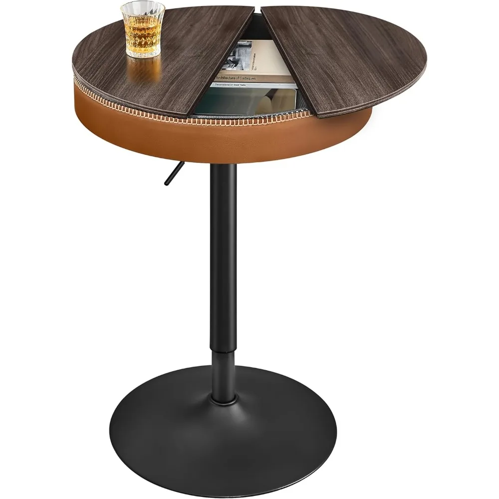 

Collection - Height Adjustable Bar Table, Round High Pub Table with Storage, Synthetic Leather with Stitching, Mid-Century