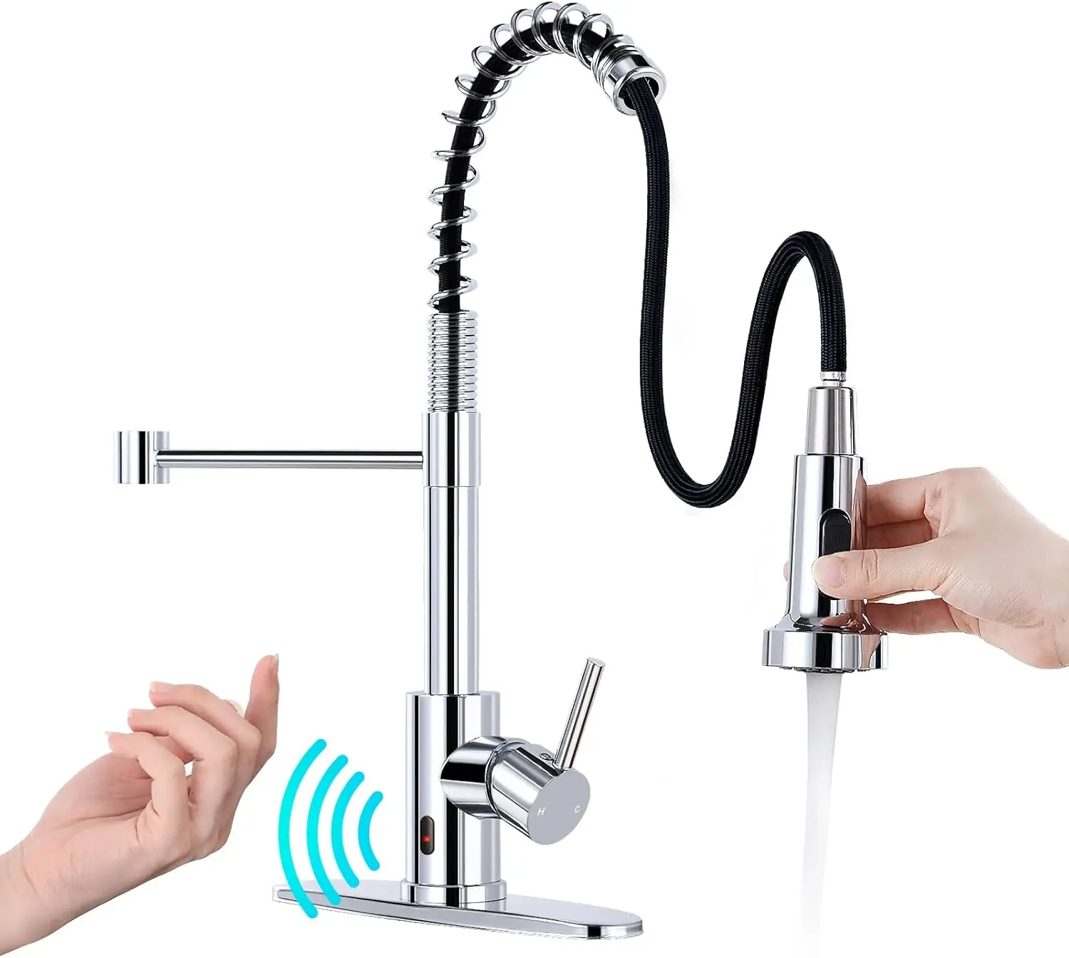 HGN Touchless Kitchen Faucet with Pull Down Sprayer, Motion Spring Sink Faucets with 10'' Deck Plate,Single Handle Spring Kitche