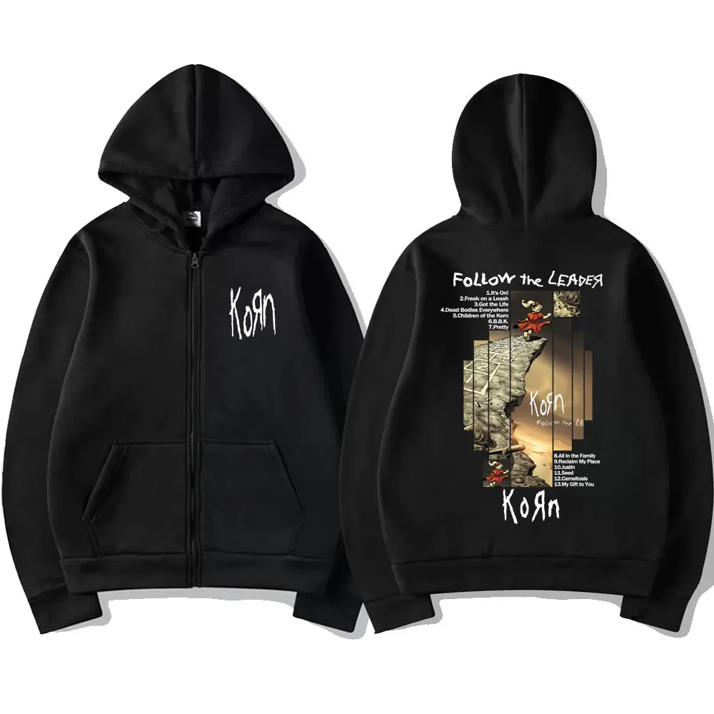 Rock Band Korn Follow The Leader Album Graphic Zipper Hoodie Men Women Retro Gothic Alternative Metal Oversized Zip Up Jacket