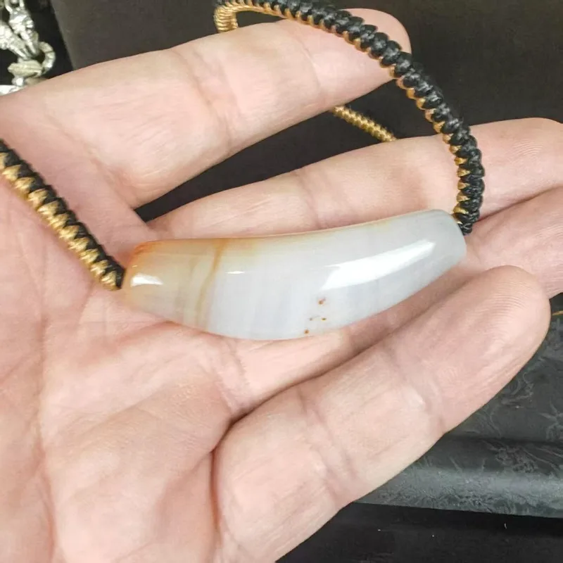 Unisex Long Bar Banded Agate Pendant Necklace Handmade Braided Black Gold Rope Retro Natural Stone Choker