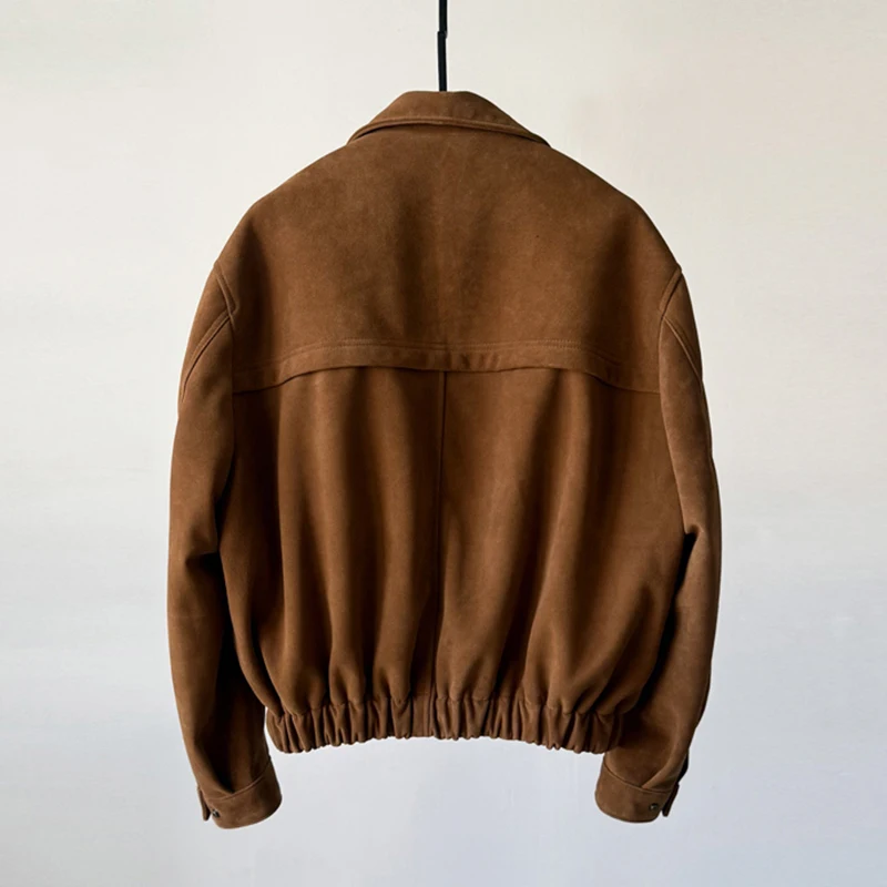 المستوردة الفاخرة جلد الماعز طفل الجلد المدبوغ معاطف السترة للنساء أزياء قصيرة سستة مرونة الخصر الإناث عارضة سترة جلدية حقيقية