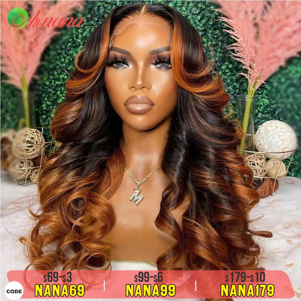 Ombre Zenzero Marrone Colorato 13x6 Trasparente Parrucca Frontale Del Merletto Dell'onda Del Corpo PrePlucked 12AGrade Chiusura Del Merletto Parrucca di Capelli Umani Per Le Donne