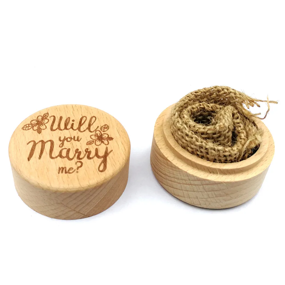 

Vintage Wooden Round Ring Box Wedding Engagement Rustic Jewelry Holder for Proposal Keepsake Storage Sweet Words Design