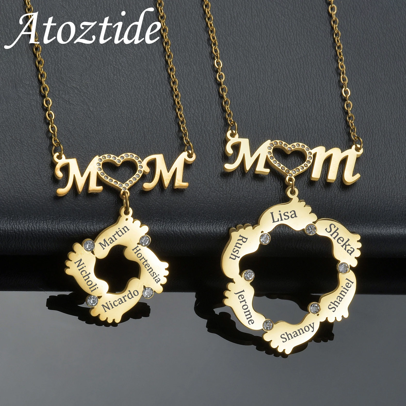 Atoztide Personalized Custom Name Necklace Stainless Steel Jewelry for Women Zircon Heart Foot Engrave Letter Mother Kids Gift