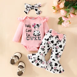 Cute Cow Print Outfit - Long Sleeve Flutter Sleeve Infant Romper +Bowknot Flared Trousers + Headband Baby Girls 3pcs Set