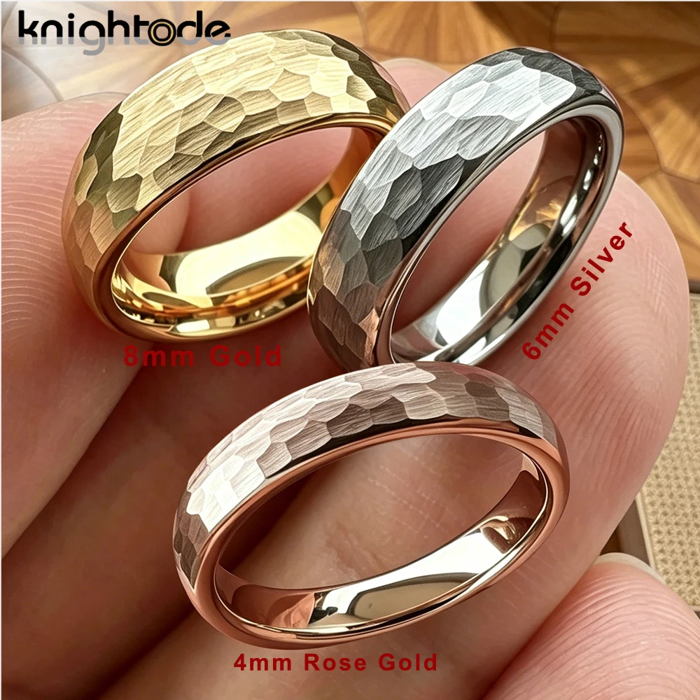 

4mm 6mm 8mm Multi-Faceted Hammered Tungsten Carbide Wedding Band - Couple Engagement Ring Gift Dome Brushed Comfort Fit 4 Color