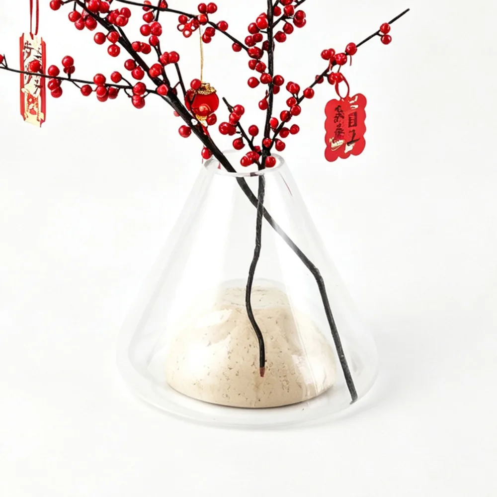 Conical Clear Glass Vase with Speckled Stone Base Modern Transparent Tapered Flower Vase Tabletop Home Decorative Centerpiece