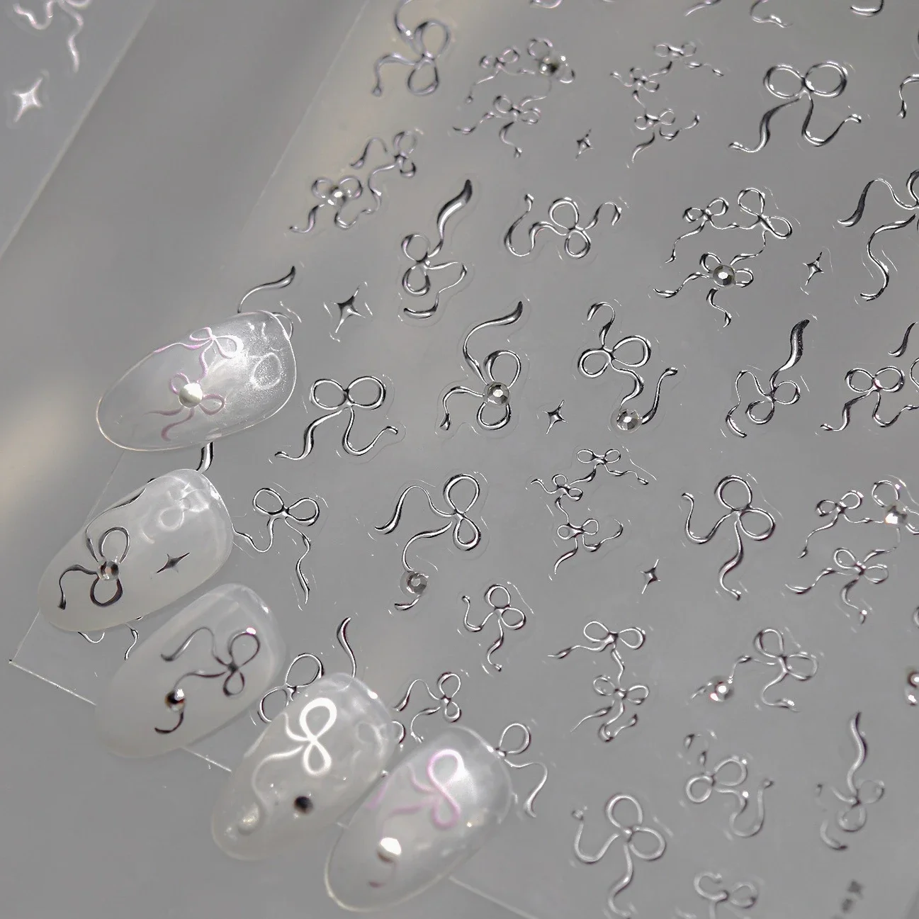 Romantische Roze Wit Zilver Lijn Strik Lint Zirkoon Delicate Vlinderdas Parel Ster Nail Art Stickers Manicure Decals Decoraties