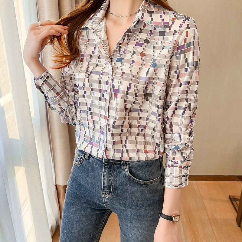 Fashion plaid printing ladies shirts Women\'s Blouses Spring Autumn Long Sleeve Shirts Tops Blusas Mujer