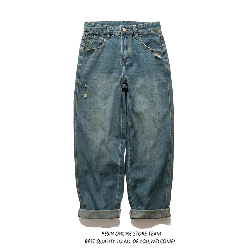 

Мужские джинсы прямого кроя в японском стиле Cleanfit, винтажные, повседневные брюки из денима с эффектом потертости для осени и зимы