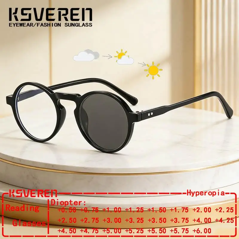 

Круглые фотохромные очки для чтения унисекс, ретро-стиль, готовые к ношению, с диоптриями, меняющие цвет, для коррекции пресбиопии