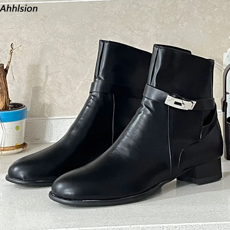 Ahhlsion Real Photos Women Winter Ankle Boots Flat With Heels Round Toe Pretty Black Casual Shoes Ladies US Plus Size 5-20