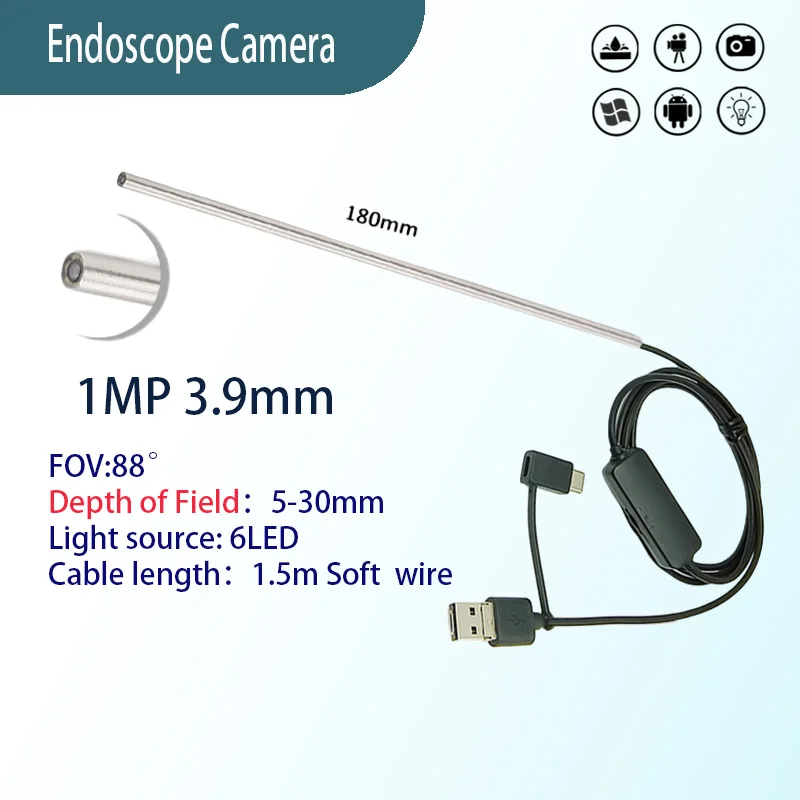 

1MP 3.9mm FOV88° industrial endoscope probe for pipeline inspection 1.5m USB 3-in-1Soft wire endoscope camara
