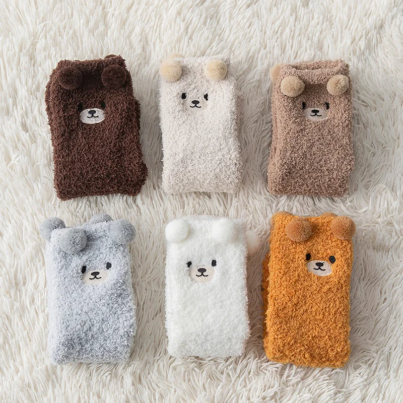 

Women Winter Warm Fluffy Socks Home Floor Sleep Kawaii 3D Bear Cute Animal Thick Fleece Fuzzy Sock Japanese Fashion Korean Style