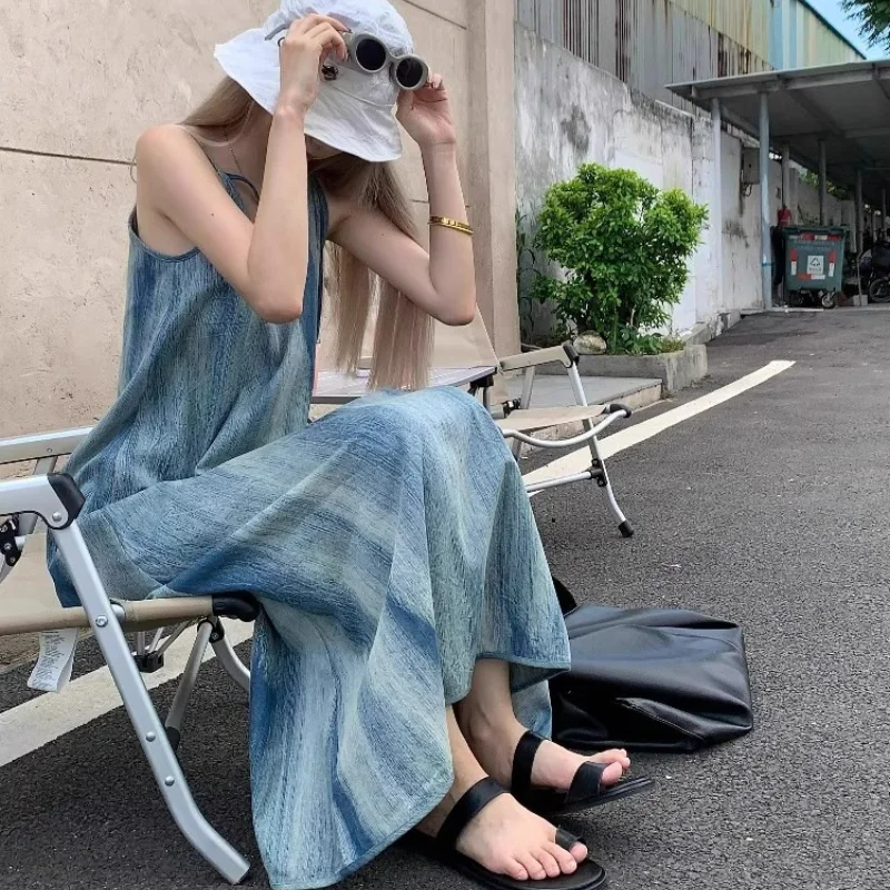 

French Retro Tie Dye Camisole Dress 2024 Women Summer Loose Casual V-Neck Strap Seaside Vacation Beach Chic Elegant Long Skirt