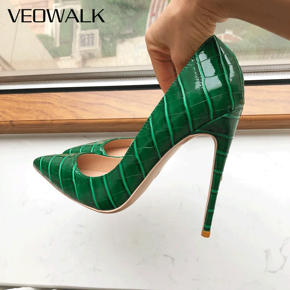 Women's Luxury Green Crocodile Pointed Toe Pumps 12cm High Stiletto Heels Chic Textured Design Elegant Office Party Dress Shoes