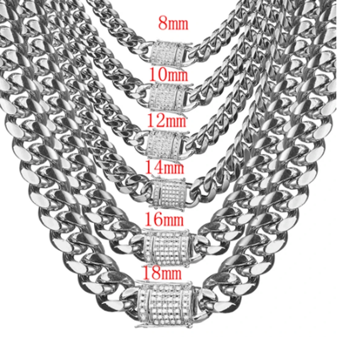 New Arrival 8/10/12/14/16/18mm Stainless Steel Miami Curb Cuban Chain Necklaces Casting Crystal Lock Clasp Mens Jewelry 7