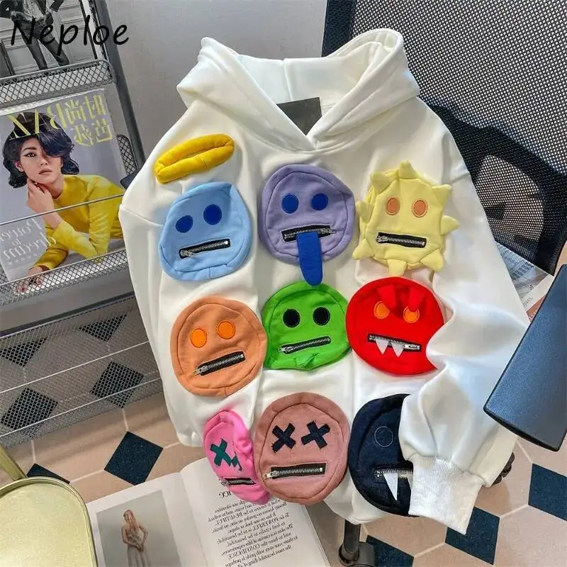 BabYoung American Retro Demon Smiling Face Sweatshirts Sweet Thicked Warm Hoodie Tops Y2k E-Girl Long Sleeve Sweatshirt Women