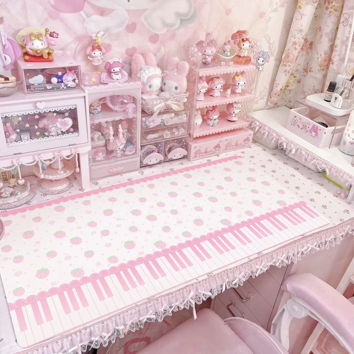 Leather Desk Pad Protector Polka Dots Pink Strawberry Kawaii Mouse Pad Office Desk Mat Waterproof Non-Slip PU Desk Blotter Pad