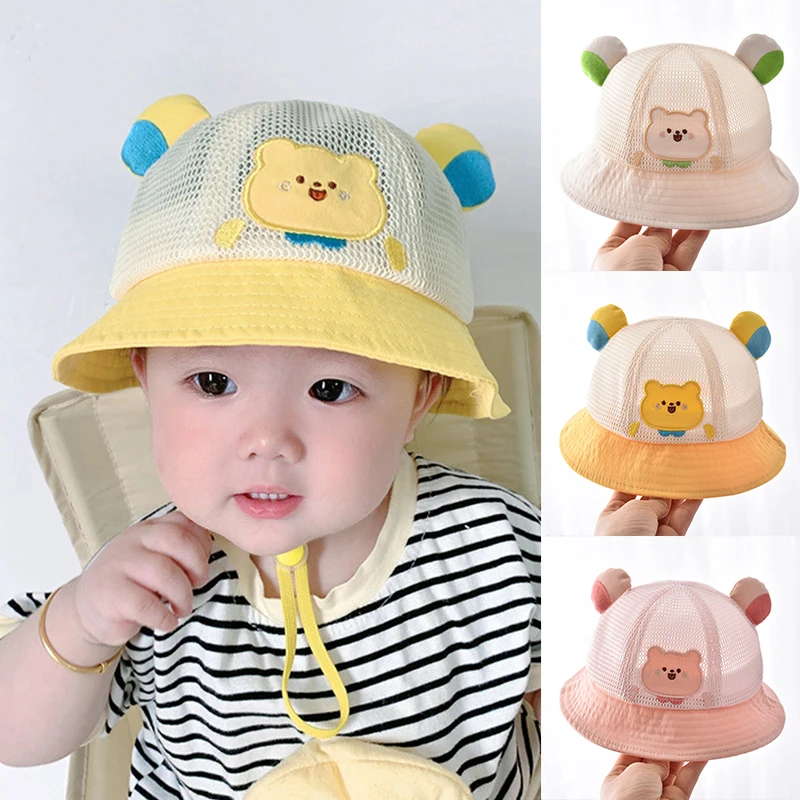 Summer Breathable Mesh Baby Hat Cute Bear Infant Boy Girl Bucket Hats Korean Cartoon Toddler Kids Casual Fisherman Cap