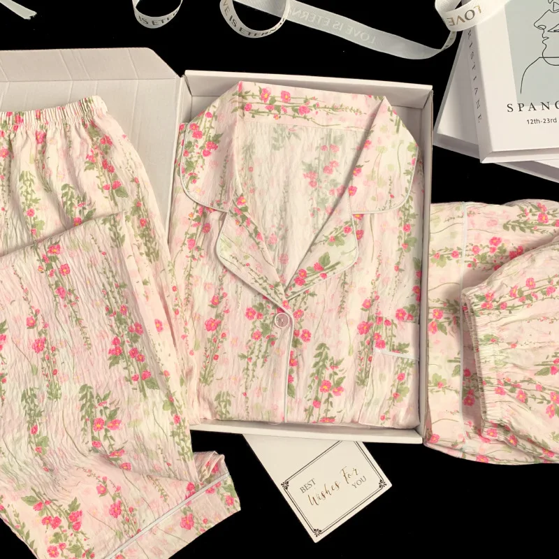 

French-Style Sweet Cloud Cotton New Short-Sleeve Three-Piece Women's Pajamas, Summer Thin Floral All-Over Print Loungewear