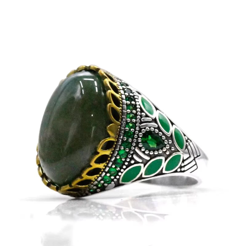 S925 pure silver men's ring handmade natural Indian agate stone holiday retro luxury party jewelry gift