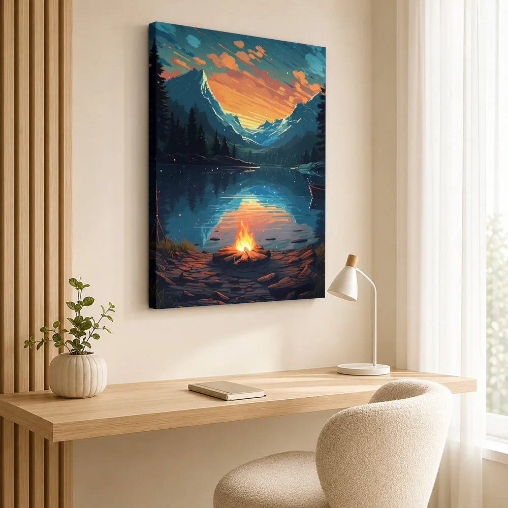 Mountain Lake Campfire Landscape Canvas Print With Wooden Frame Personalized Photo Warm Evening Scenic Wall Art For Living Room