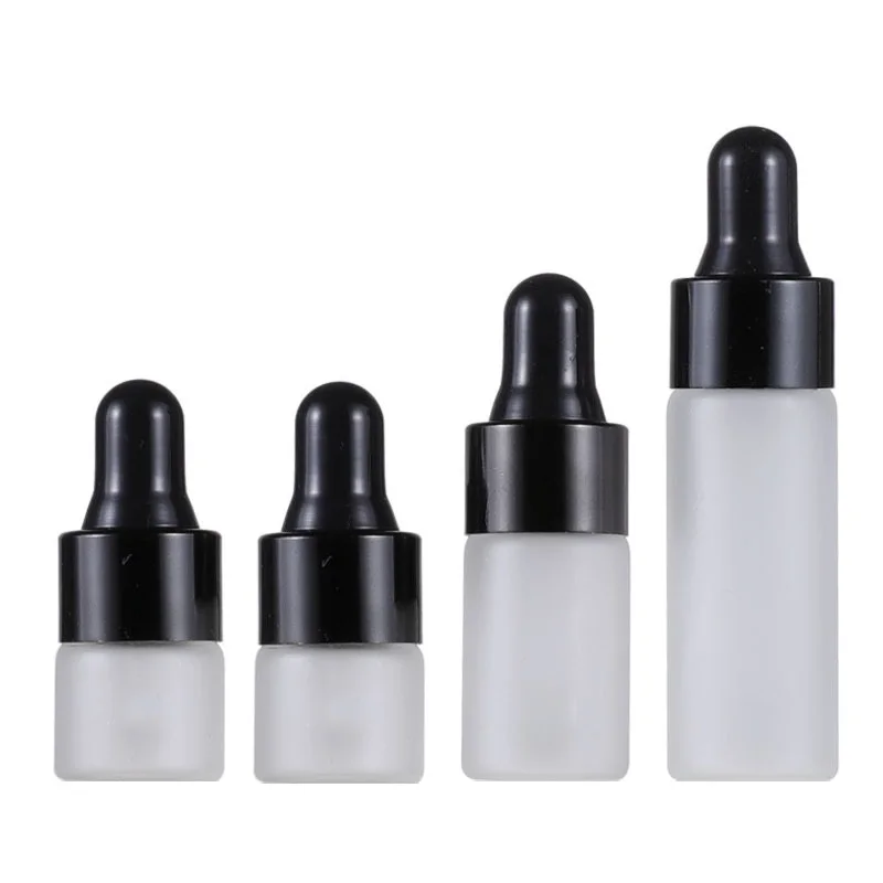 Frascos de muestra pequeños, gotero superior de goma de 1ML, 2ML, 3ML, 5ML, anillo negro, viales de vidrio de escarcha superior rellenables para cosméticos, 100 piezas