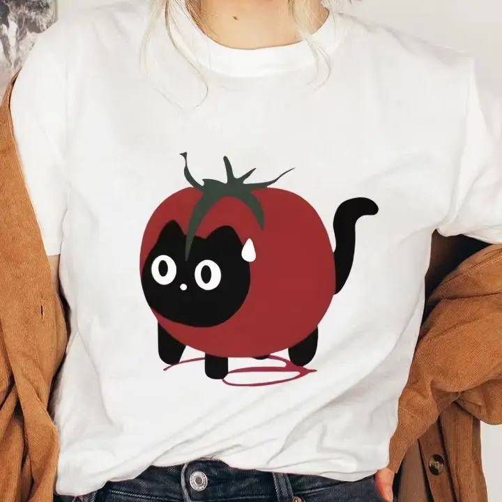 

T-Shirt Retro Vintage Y2K Women‘s Clothes Cotton Casual Crew Neck Graphic Colorful Tees Street Wear New Arrival Cute Tomato Cat