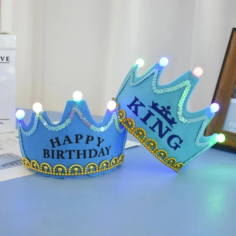 Happy Birthday Glowing Hats LED Light King Princess Crown Headband for Girls Boys Birthday Party Decoration Baby Shower Supplies